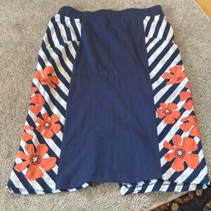 NOT FOR SALE 
Synergy  Navy and White A-Line Skirt with Orange Floral Design